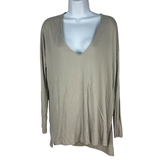 Double Zero Taupe Long Sleeve V Neck High Low Top Size Small Relaxed Fit - Picture 1 of 9